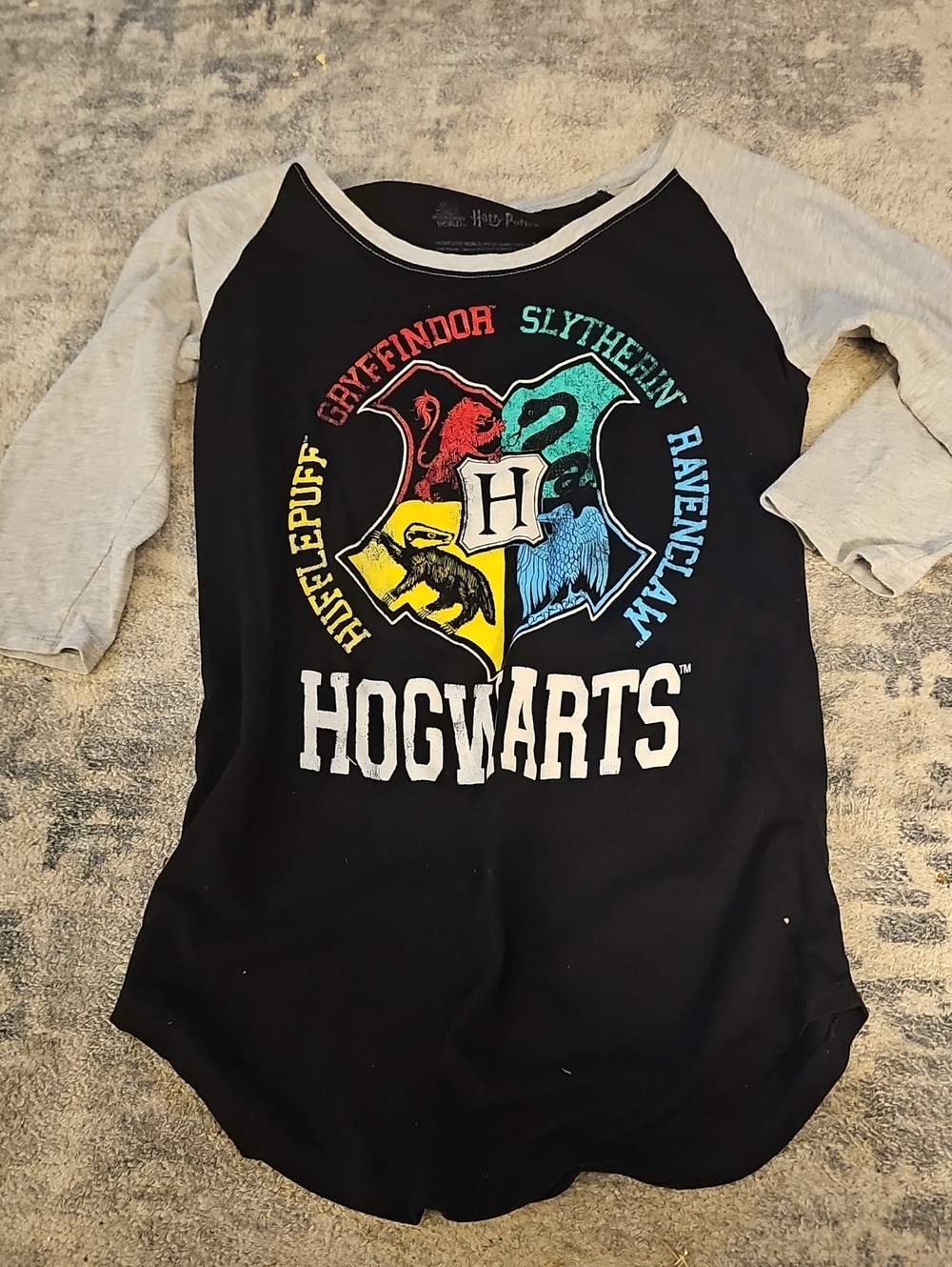 Warner Bros. Black Raglan Hogwarts Crest Long Sleeve Shirt with Gray Sleeves